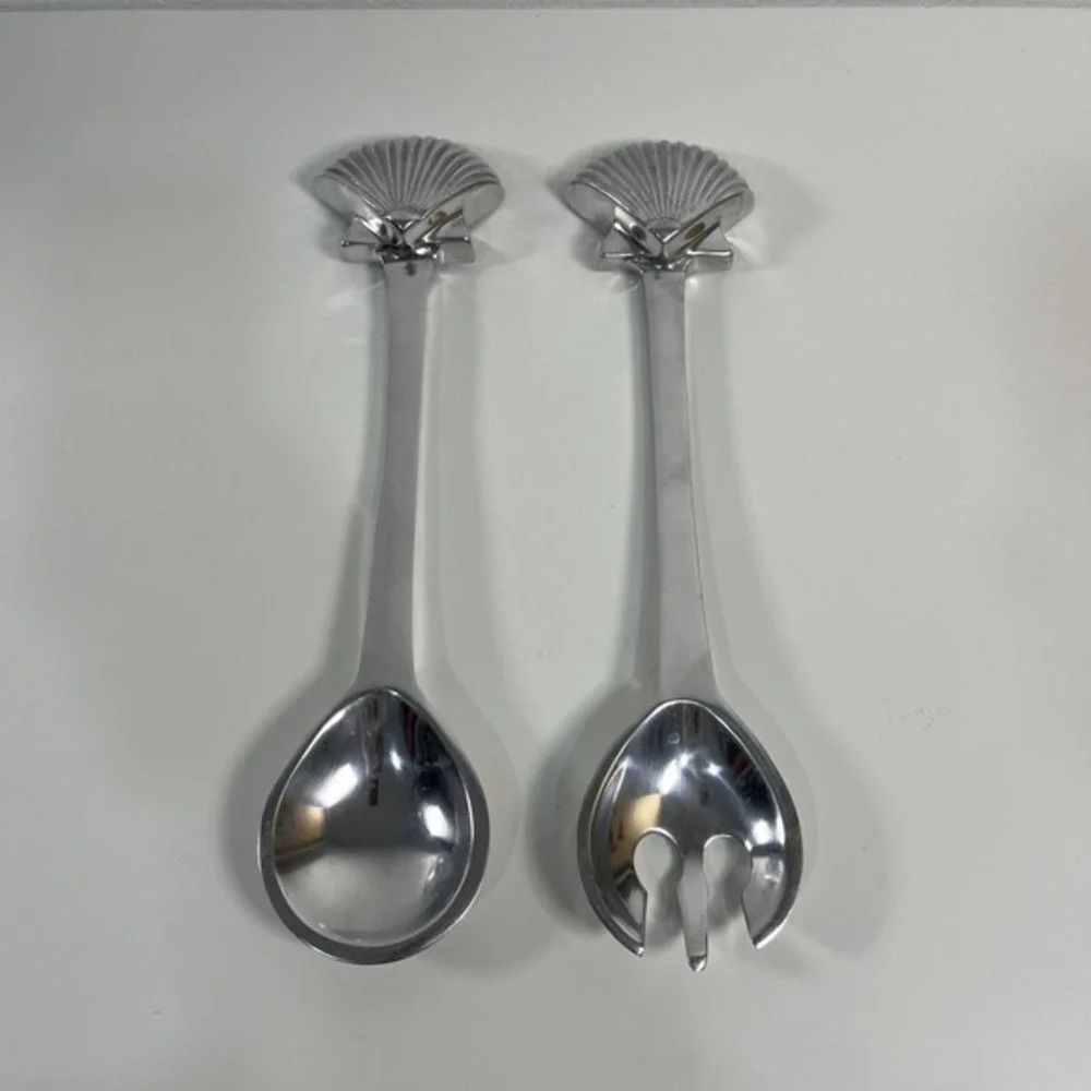 ALLOY METAL SERVING SPOON & FORK‎ Sea Shell Salad Utensils -- Vintage
